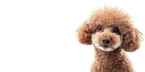 A curious apricot poodle with a fluffy coat and soulful eyes peering out against a clean white background.