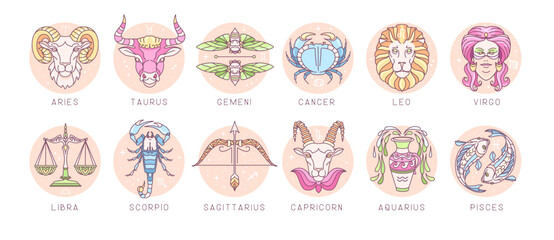 Set of modern cartoon astrology zodiac signs isolated on white background. Set of Zodiac icons. Vector illustration