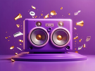 Amplifier loudspeaker refunds online marketing concept. Promotion coupons discount tag floating on purple background des. Pay money cashback ticket voucher. 3d rendering illustration. cartoon elements