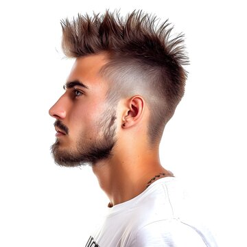 A male model with mohawk hairstyle, isolated on white background