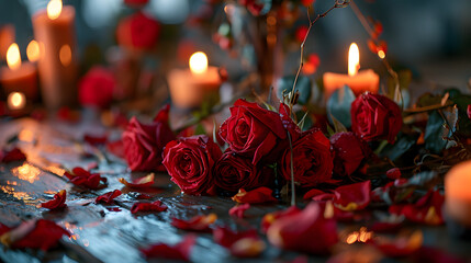 Beautiful red roses and candles on dark wooden table, closeup. Valentines day background with red roses, rose petals, candles and bokeh