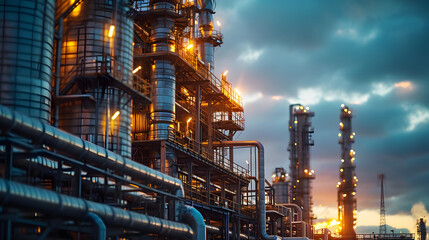Oil refinery at twilight, petrochemical plant, petrochemical industry - obrazy, fototapety, plakaty