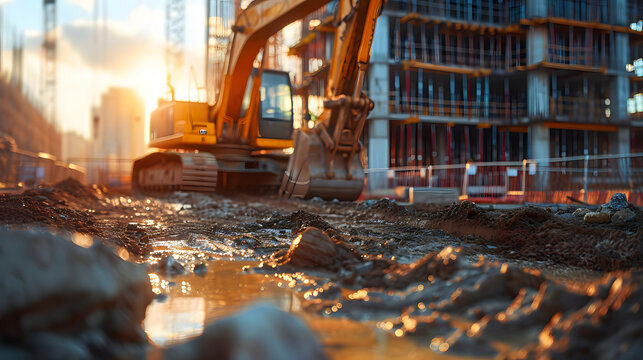 Construction site with excavator and building under construction at sunset.