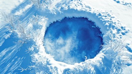  an aerial view of a snow covered area with a blue hole in the middle of the ground and snow on the ground.