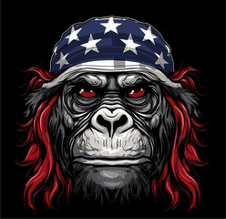 Vector design for t-shirt. 
Ferocious gorilla monkey
with american flag tied in bandana on head 
on black background. 
Fashionable print for fabric, paper, men clothing,
hoodie, biker jacket. - obrazy, fototapety, plakaty