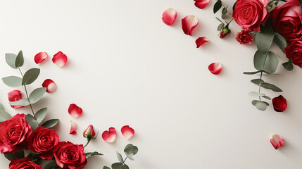 Flowers composition. Frame made of red rose flowers on white background. Flat lay, top view, copy space