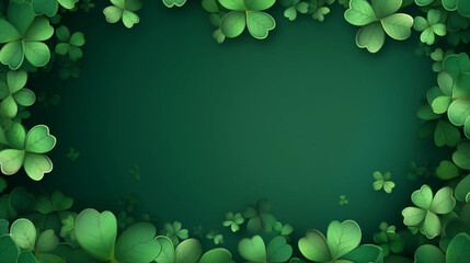 Fototapeta premium copy space, Happy Saint Patrick's day green frame, leprechaun cartoon, shamrocks clover background. Beautiful mockup for Saint Patrick’s day. Design for greeting card, invitation, poster.