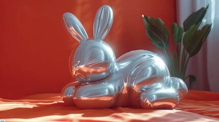  a shiny silver rabbit figurine sitting on top of a bed next to a potted plant on top of a bed.