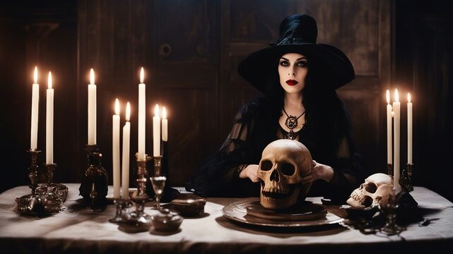 portrait of a person with a candle A beautiful witch who has sold her soul to the devil and is using her crystal ball to summon demons 