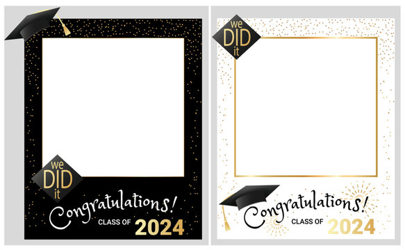 Congratulations graduates class of 2024 photo booth props set. Graduation photo frame design template for selfie , print, party, invitation etc. Flat style vector illustration for grad ceremony.