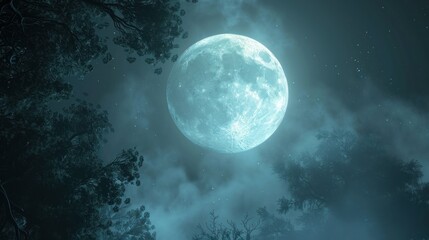  a full moon in the night sky with clouds and trees in the foreground and trees in the foreground.