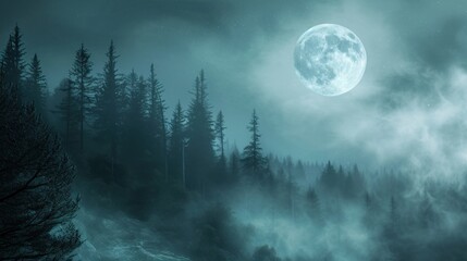 Fototapeta na wymiar a full moon in the night sky over a foggy forest with a river running through the foreground and trees in the foreground.