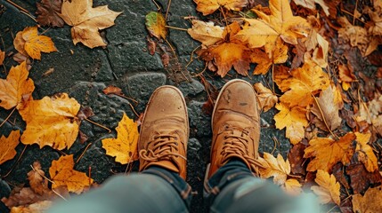  a person standing in front of a pile of leaves on the ground with their feet propped up on the ground.