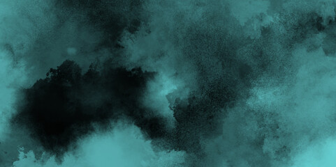 Abstract grainy and empty smooth grunge texture watercolor paper background. Defocused Lights and Dust Particles with soft blue clouds on dark background. Teal design element cumulus cloud. - obrazy, fototapety, plakaty