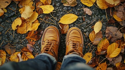  a person's feet in a pair of brown shoes on a gravel ground with yellow leaves on the ground.