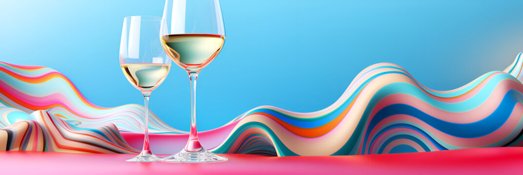 A glass of sparkling wine on a bright background with empty space. Background with geometric shapes.