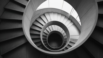  a black and white photo of a spiral staircase with a skylight at the top of the spiral stairs. - Powered by Adobe