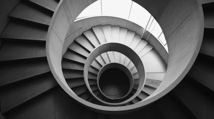 Keuken spatwand met foto  a black and white photo of a spiral staircase with a skylight at the top of the spiral stairs. © Shanti