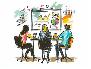 Doodles showing Plan. Strategy. Meeting. The team is working on a project. Female presenter. Vector illustration.