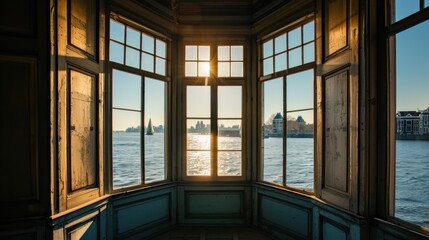  a window with a view of a body of water and a city in the distance with buildings in the background.