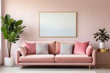 Elegant pink living room interior with sofa and plants