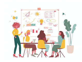 Doodles showing Plan. Strategy. Meeting. The team is working on a project. Female presenter. Vector illustration.