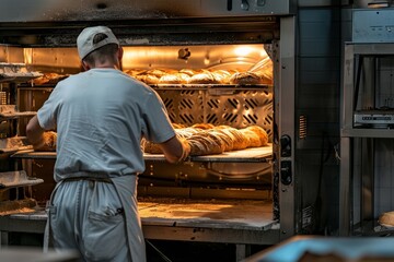 an oven worker preparing several loaves of bread