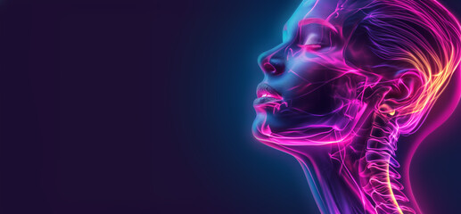 Close up view side profile shot of beautiful woman face with anatomical x-ray skeleton details. Bright led neon lights, pink and blue color background with copy space