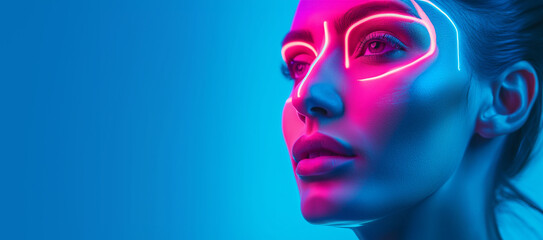 Close up side profile view of woman with neon lights details on her beautiful face. Bright led lights, pink and blue color background with copy space