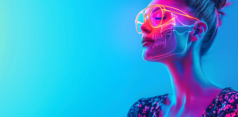 Close up view side profile shot of beautiful woman face in glasses with anatomical x-ray skeleton details. Bright led neon lights, pink and blue color background with copy space - obrazy, fototapety, plakaty
