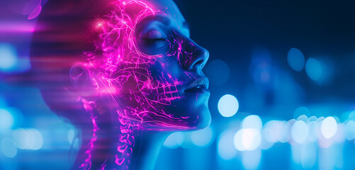 Close up view side profile shot of beautiful woman face with anatomical x-ray skeleton details. Bright led neon lights, pink and blue color background with copy space - obrazy, fototapety, plakaty