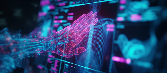 Female hand with anatomical x-ray bones details touch computer screen with skeleton roentgen. Medicine, modern tech, innovations concept - obrazy, fototapety, plakaty