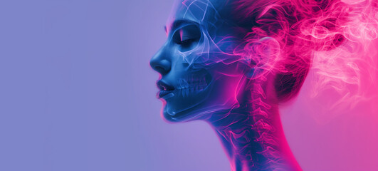 Close up view side profile shot of beautiful woman face with anatomical x-ray skeleton details. Bright led neon lights, pink and blue color background with copy space - 712586859