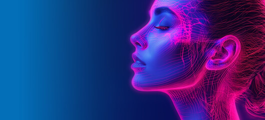 Close up view side profile shot of beautiful woman face with anatomical x-ray skeleton details. Bright led lights, pink and blue color background with copy space - obrazy, fototapety, plakaty