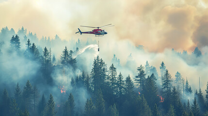 Fire fighting helicopter carry water bucket to extinguish the forest fire