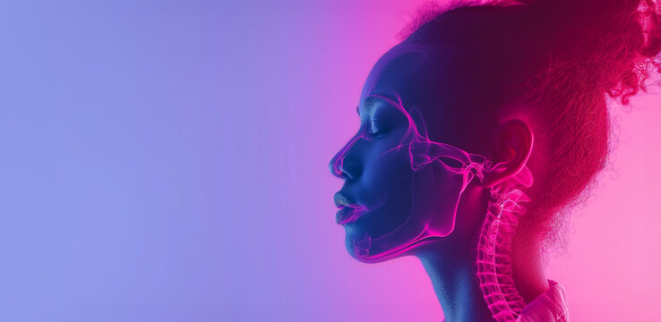 Close up view side profile shot of beautiful African woman face with anatomical x-ray skeleton details. Bright led lights, pink and blue color background with copy space