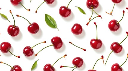  a group of cherries on a white surface with leaves and a green leaf on the top of the cherries.