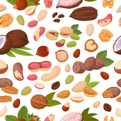 Almond, peanut and walnut seamless pattern. Seeds and nuts endless design, cocos and hazelnut flat vector background illustration