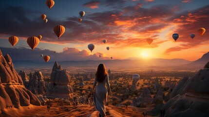 Amid the breathtaking scenery of Goreme, Turkey, a vacationer marvels at the beauty of Kapadokya, with stunning air balloons soaring through the sunrise-lit Anatolian sky. - obrazy, fototapety, plakaty