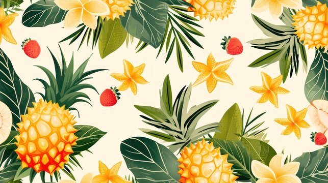  a pattern of tropical leaves and flowers on a white background with a red strawberry on the center of the image.