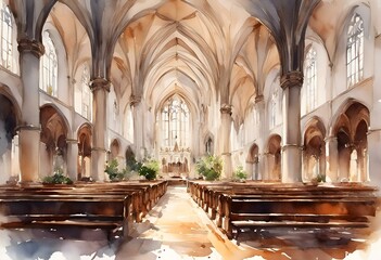 Obraz premium AI generated illustration of watercolor painting of a bustling church congregation