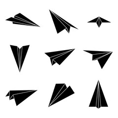 Set simple paper planes black icon. White origami paper airplanes from different angles. Handmade aircraft on white background. Vector illustration