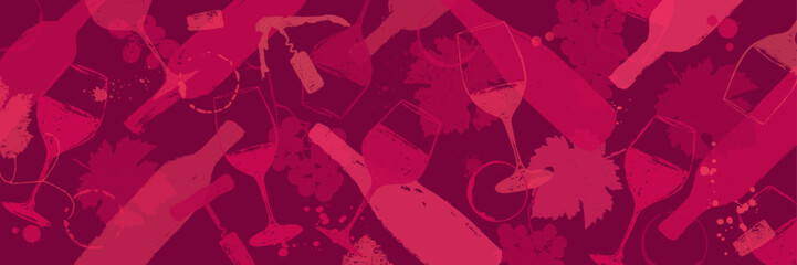 Background with hand-drawn illustrations of wine symbols. Textured drawings. Vector Backdrop - 712587461