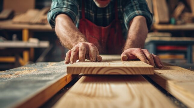man owner a small furniture business is preparing wood for production. carpenter male is adjust wood to the desired size. architect, designer, Built-in, professional wood, craftsman, workshop..