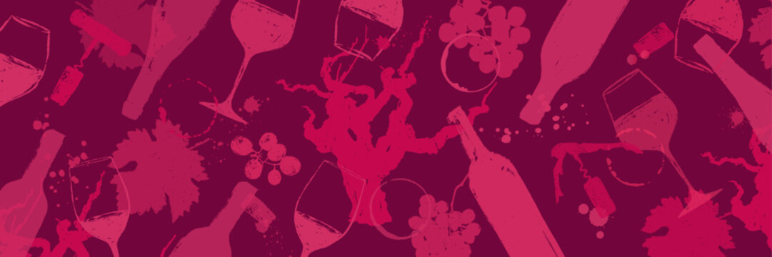 Background with hand-drawn illustrations of wine symbols. Textured drawings. Vector Backdrop
