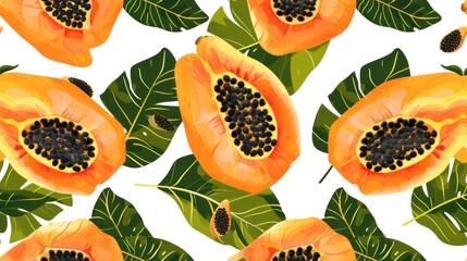  a close up of a papaya fruit on a white background with green leaves and a black dot in the center.