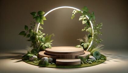 the 3D rendering images of the empty space podium designed for product mockups with a natural theme