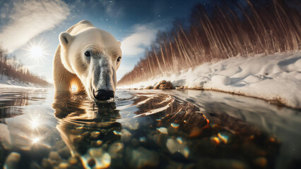 Polar bear standing in a river and drinking. Wide angle perspective. Sunny day in a snowy landscape. It is snowing. Blurred background with copy space. - obrazy, fototapety, plakaty