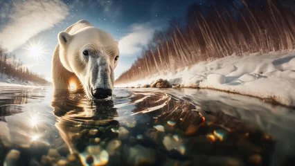 Poster Polar bear standing in a river and drinking. Wide angle perspective. Sunny day in a snowy landscape. It is snowing. Blurred background with copy space. © Tanja Esser