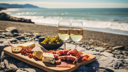 A picnic setting on a Beach with a meat charcuterie board and Wine. Beautiful sunset light near the sea at sunny summer day.